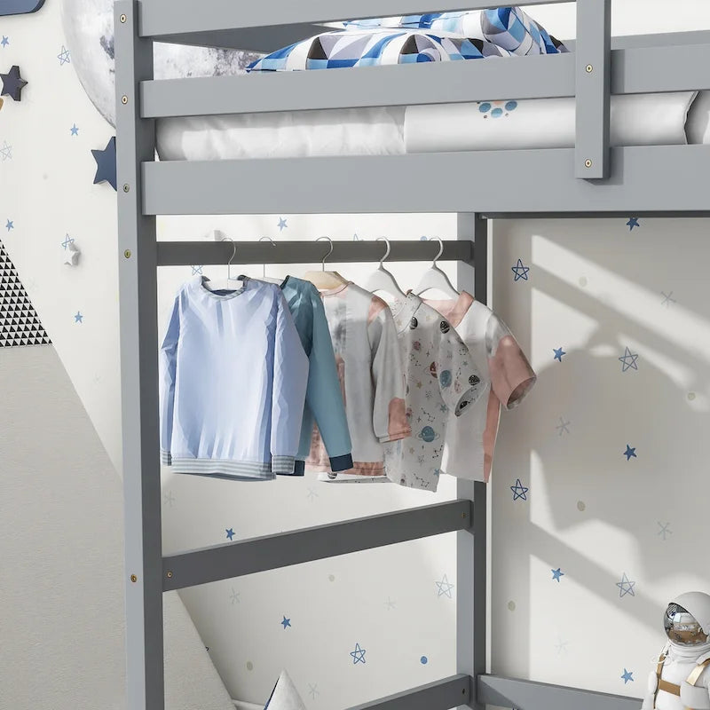Twin Size Pine Wood High Loft Bed with Ladder and Guardrails