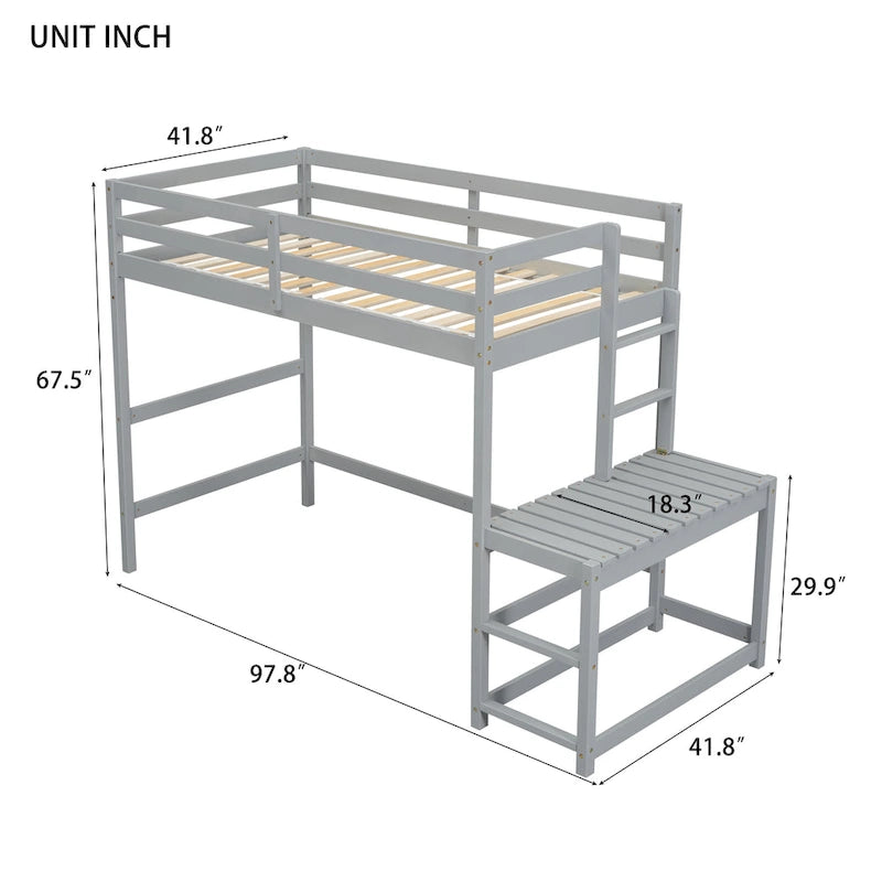 Twin Size Pine Wood High Loft Bed with Ladder and Guardrails
