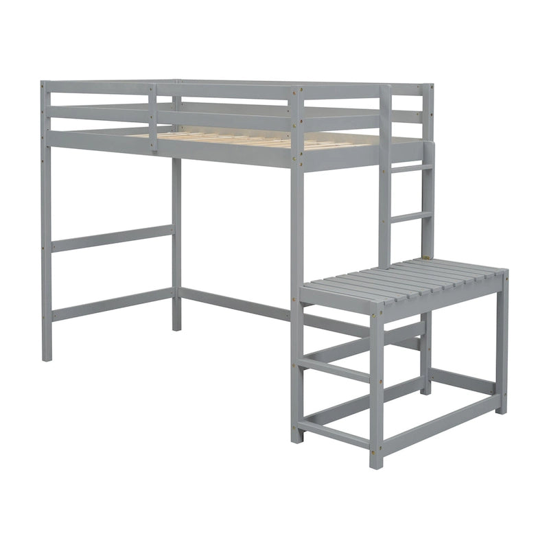Twin Size Pine Wood High Loft Bed with Ladder and Guardrails