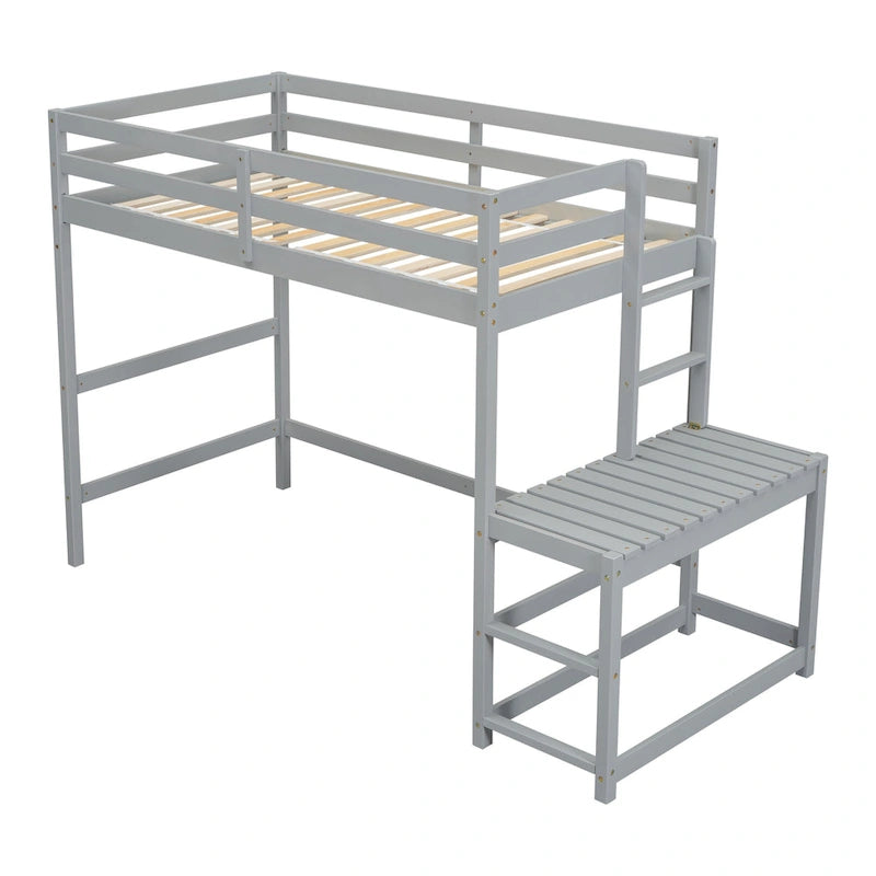 Twin Size Pine Wood High Loft Bed with Ladder and Guardrails