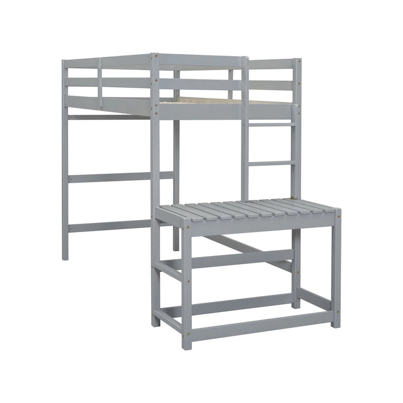 Twin Size Pine Wood High Loft Bed with Ladder and Guardrails