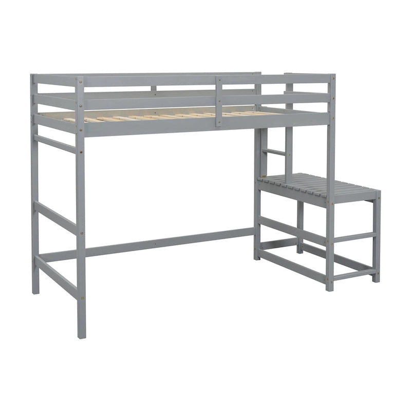 Twin Size Pine Wood High Loft Bed with Ladder and Guardrails
