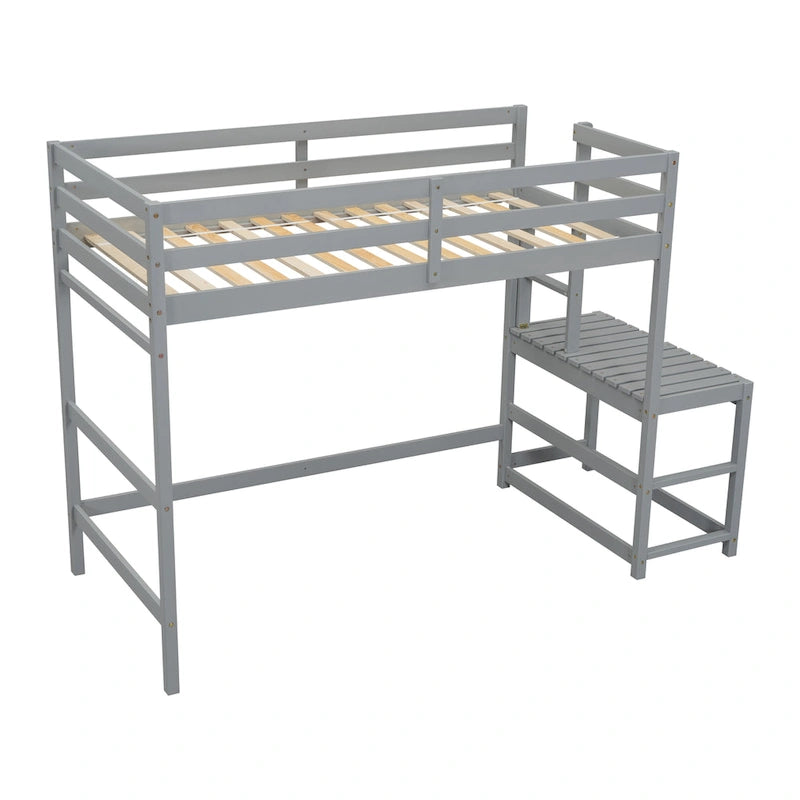 Twin Size Pine Wood High Loft Bed with Ladder and Guardrails