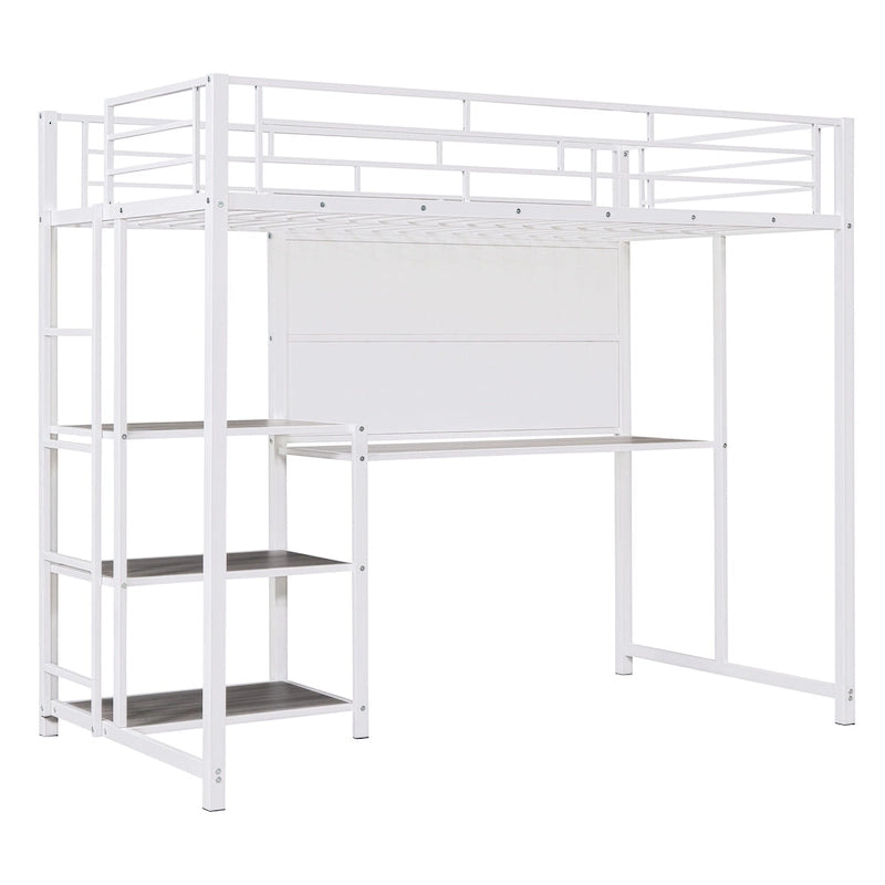 White Twin Size Metal Loft Bed with Desk, Whiteboard, Shelves, and Ladder