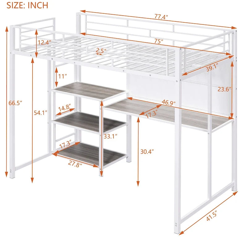 White Twin Size Metal Loft Bed with Desk, Whiteboard, Shelves, and Ladder