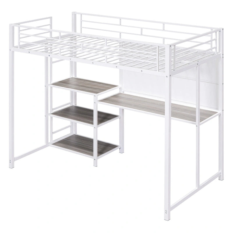 White Twin Size Metal Loft Bed with Desk, Whiteboard, Shelves, and Ladder