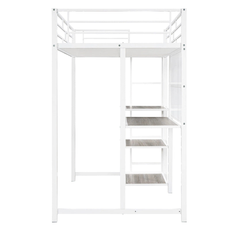 White Twin Size Metal Loft Bed with Desk, Whiteboard, Shelves, and Ladder