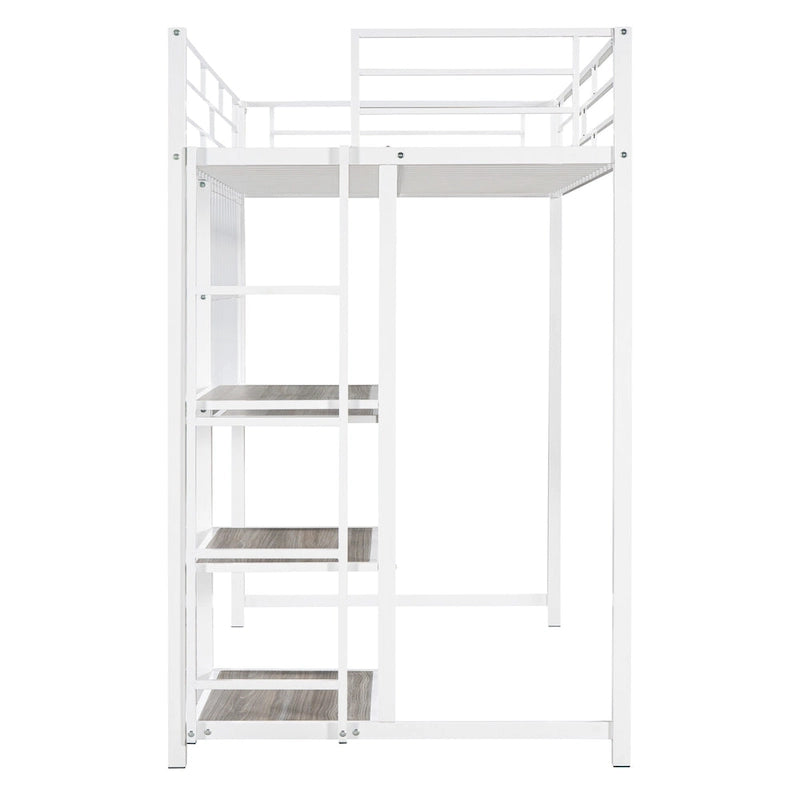 White Twin Size Metal Loft Bed with Desk, Whiteboard, Shelves, and Ladder