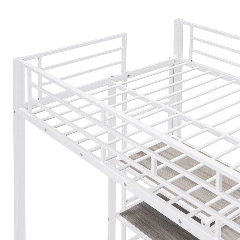 White Twin Size Metal Loft Bed with Desk, Whiteboard, Shelves, and Ladder