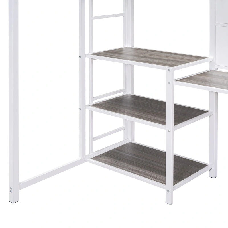 White Twin Size Metal Loft Bed with Desk, Whiteboard, Shelves, and Ladder