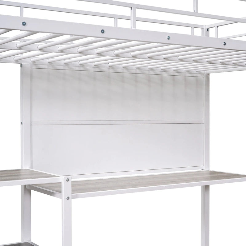 White Twin Size Metal Loft Bed with Desk, Whiteboard, Shelves, and Ladder