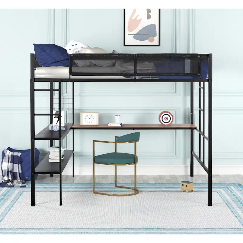 Full Size Metal Loft Bed with Desk, Shelves, and Guardrail