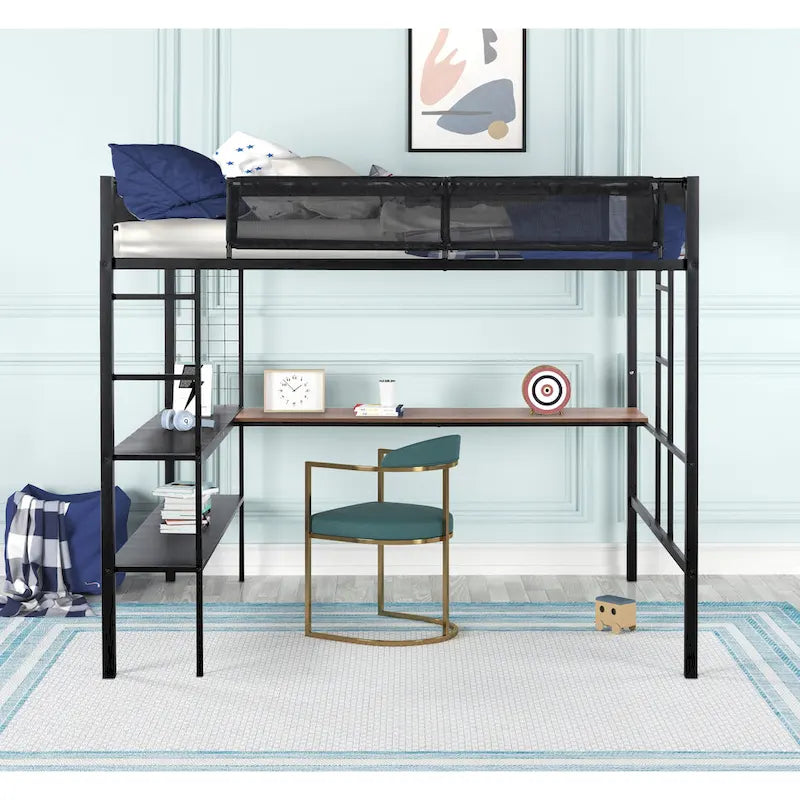 Full Size Metal Loft Bed with Desk, Shelves, and Guardrail