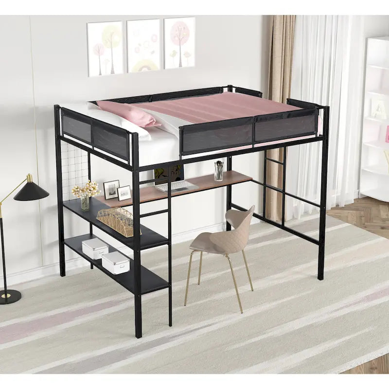 Full Size Metal Loft Bed with Desk, Shelves, and Guardrail