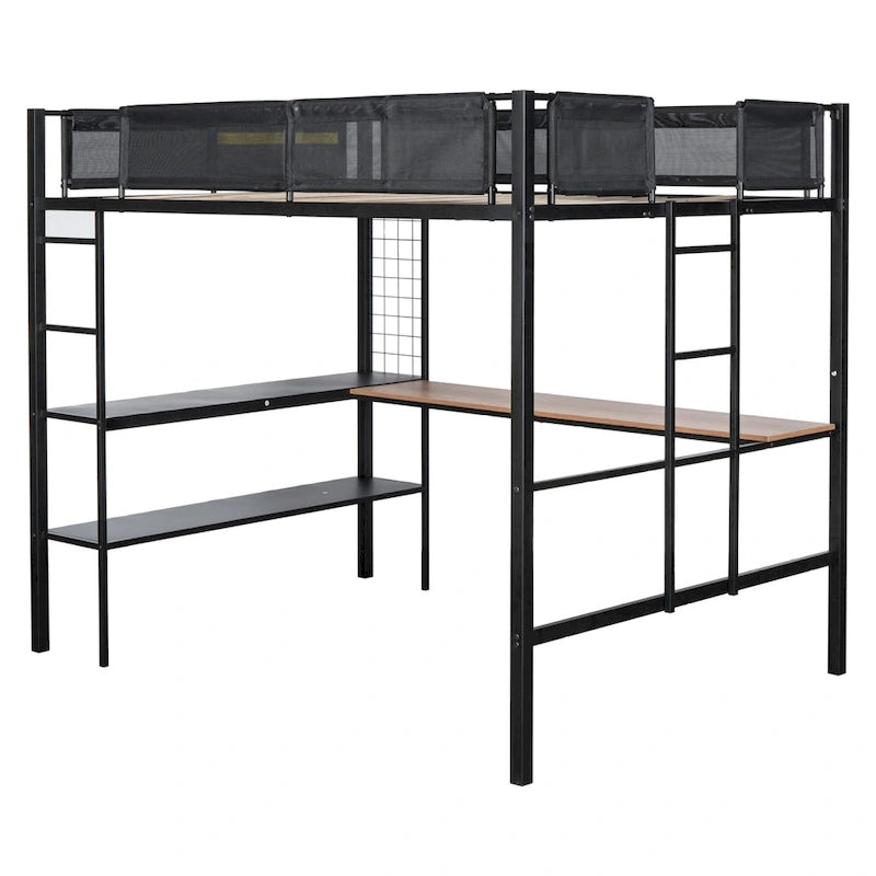Full Size Metal Loft Bed with Desk, Shelves, and Guardrail