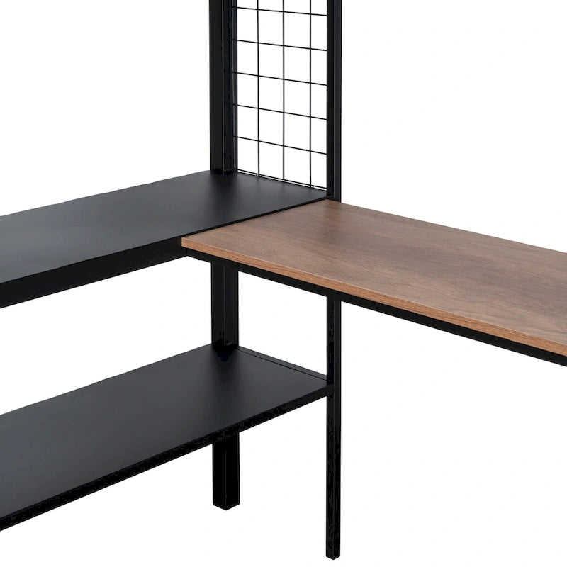 Full Size Metal Loft Bed with Desk, Shelves, and Guardrail