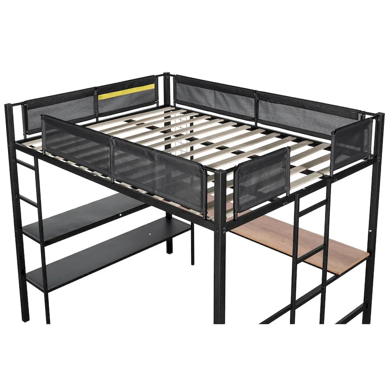 Full Size Metal Loft Bed with Desk, Shelves, and Guardrail