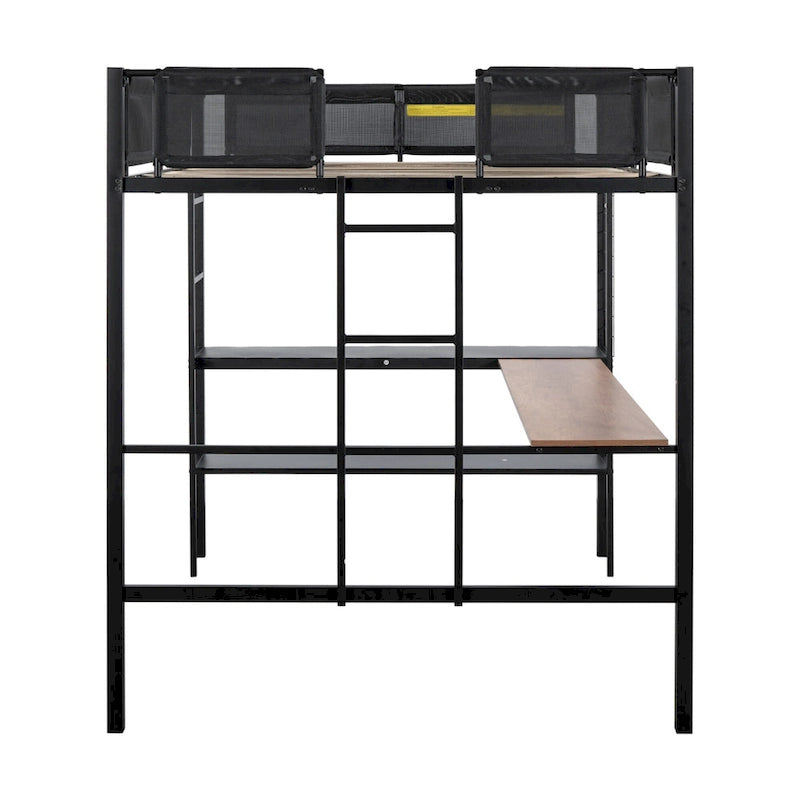 Full Size Metal Loft Bed with Desk, Shelves, and Guardrail