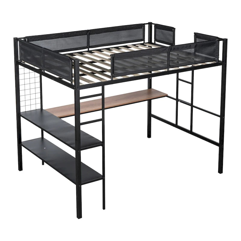Full Size Metal Loft Bed with Desk, Shelves, and Guardrail