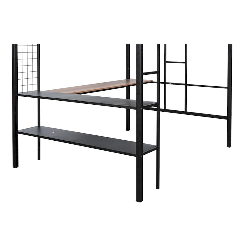 Full Size Metal Loft Bed with Desk, Shelves, and Guardrail