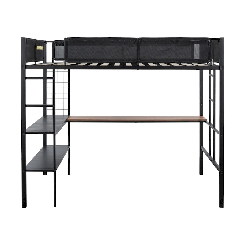 Full Size Metal Loft Bed with Desk, Shelves, and Guardrail