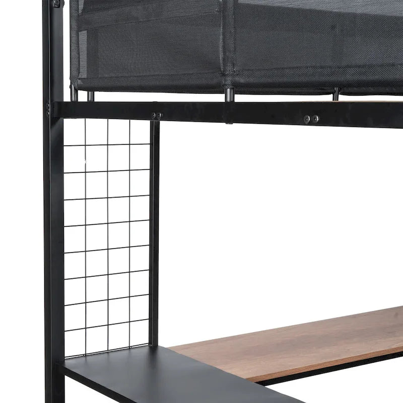 Full Size Metal Loft Bed with Desk, Shelves, and Guardrail