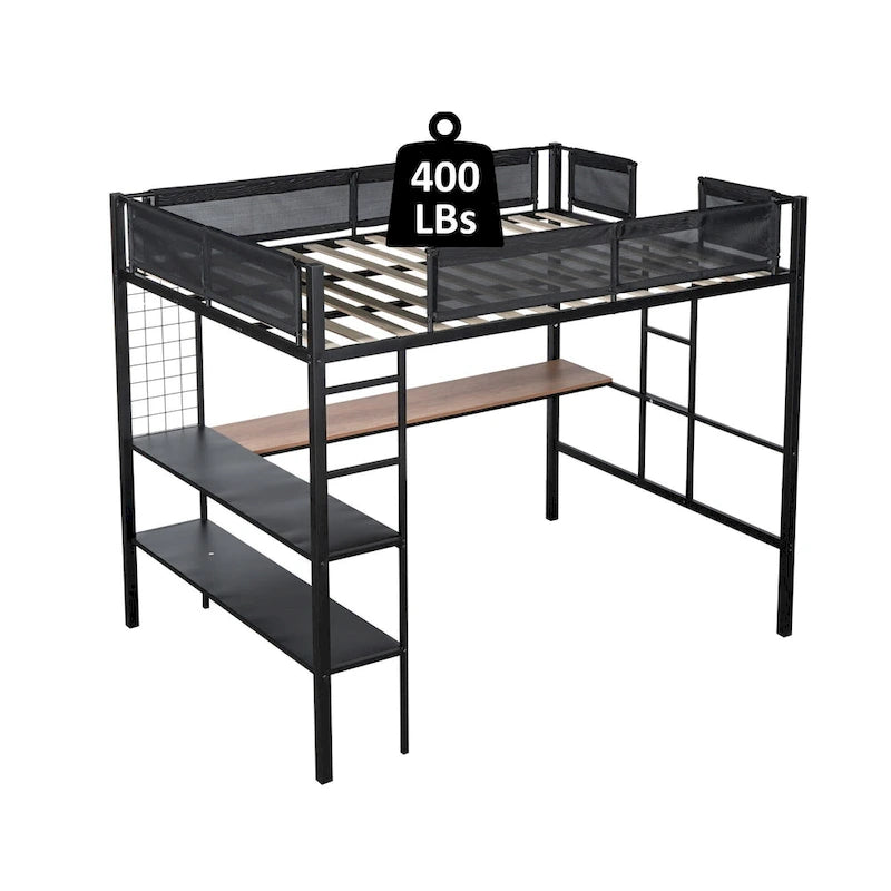 Full Size Metal Loft Bed with Desk, Shelves, and Guardrail