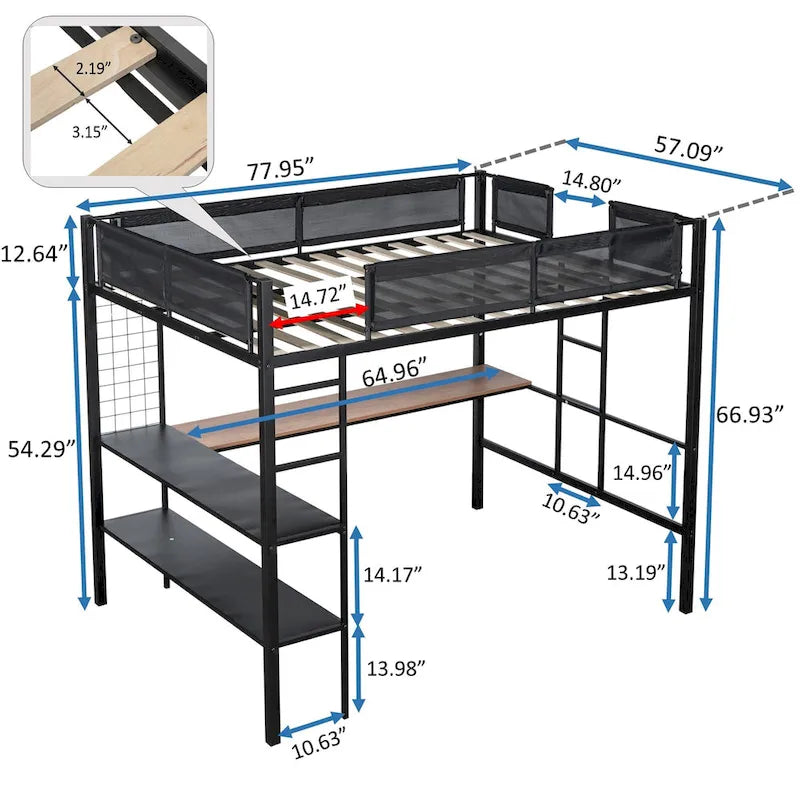 Full Size Metal Loft Bed with Desk, Shelves, and Guardrail
