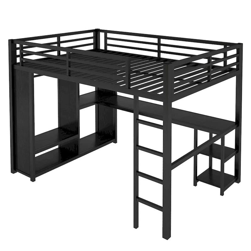Black Full Loft Bed with Built-in Wardrobe, Desk, and Storage Shelves, Space-Saving Design