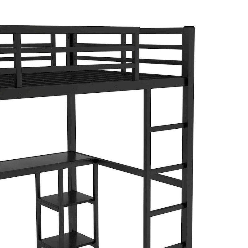 Black Full Loft Bed with Built-in Wardrobe, Desk, and Storage Shelves, Space-Saving Design