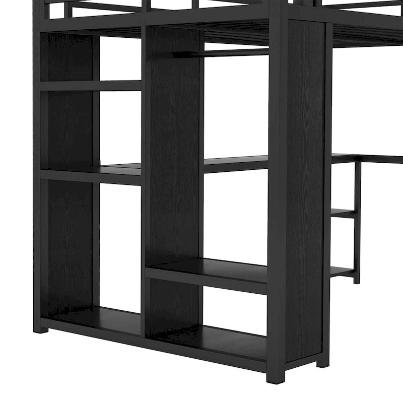 Black Full Loft Bed with Built-in Wardrobe, Desk, and Storage Shelves, Space-Saving Design