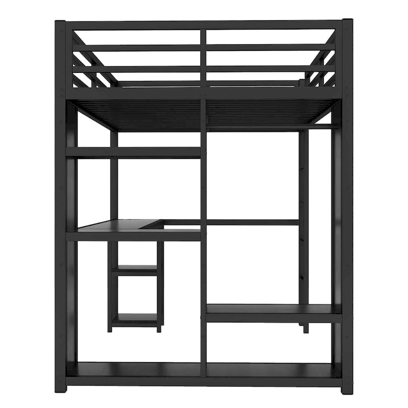 Black Full Loft Bed with Built-in Wardrobe, Desk, and Storage Shelves, Space-Saving Design