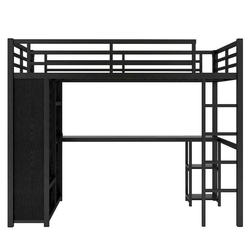 Black Full Loft Bed with Built-in Wardrobe, Desk, and Storage Shelves, Space-Saving Design