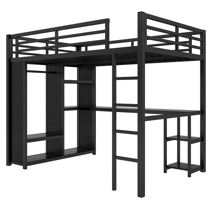 Black Full Loft Bed with Built-in Wardrobe, Desk, and Storage Shelves, Space-Saving Design