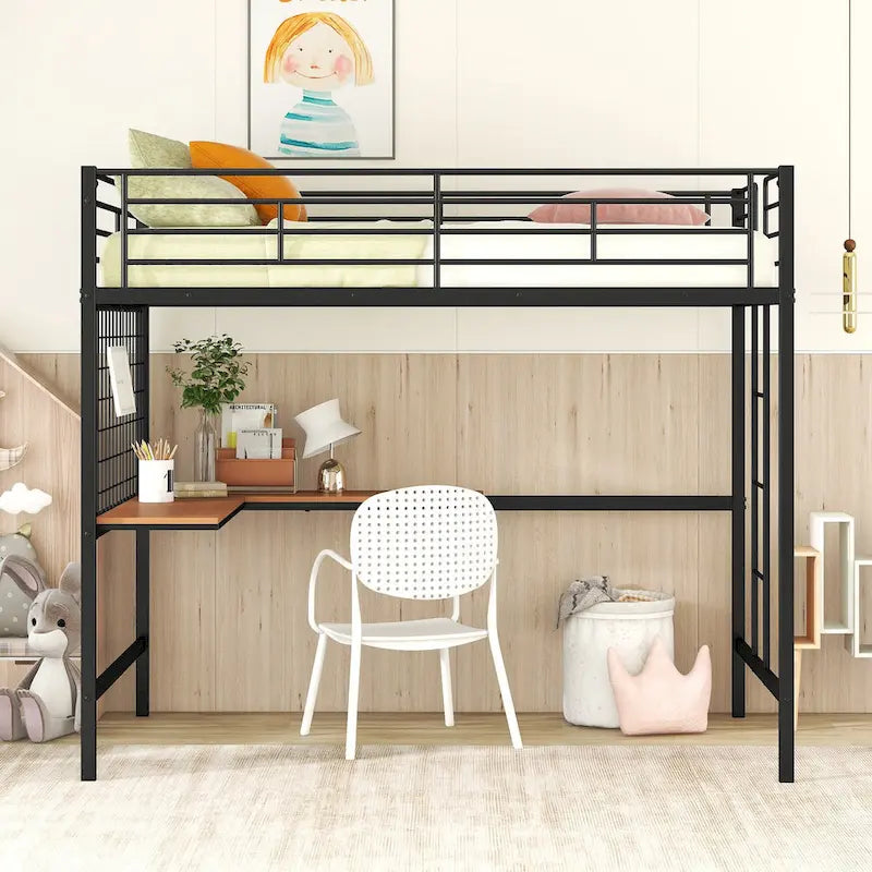 Full Size Metal Frame Loft Bed with Built-in Wooden Desk, Metal Grid, Ladder and Guardrails