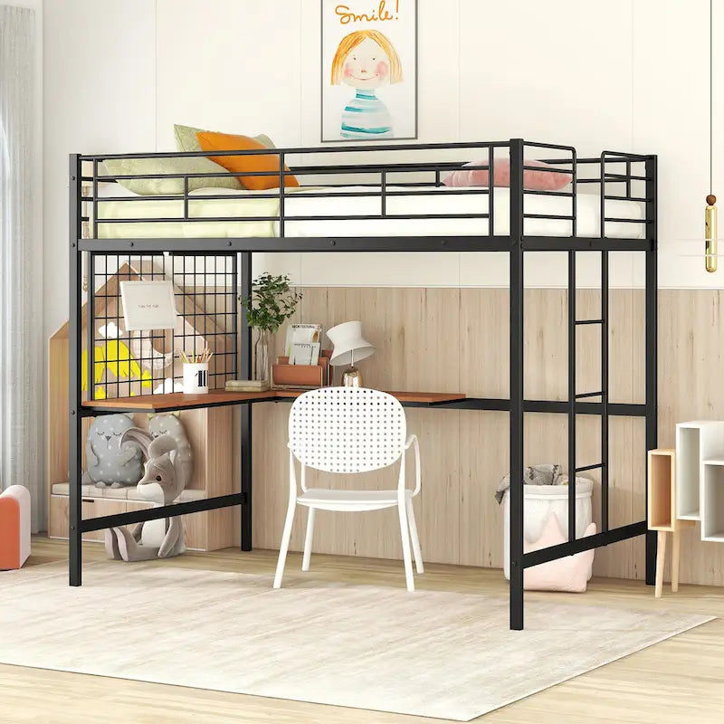 Full Size Metal Frame Loft Bed with Built-in Wooden Desk, Metal Grid, Ladder and Guardrails