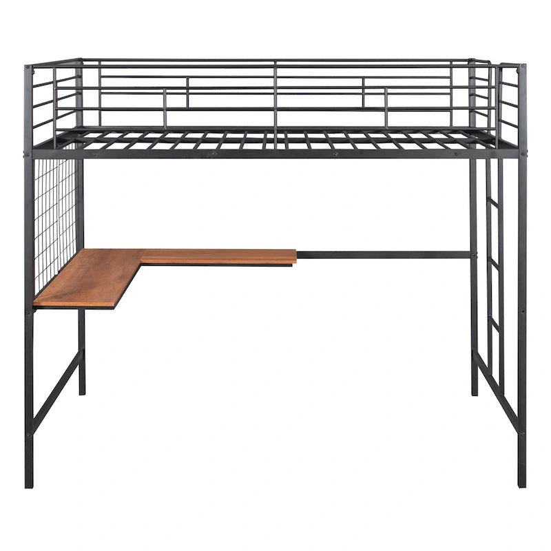 Full Size Metal Frame Loft Bed with Built-in Wooden Desk, Metal Grid, Ladder and Guardrails