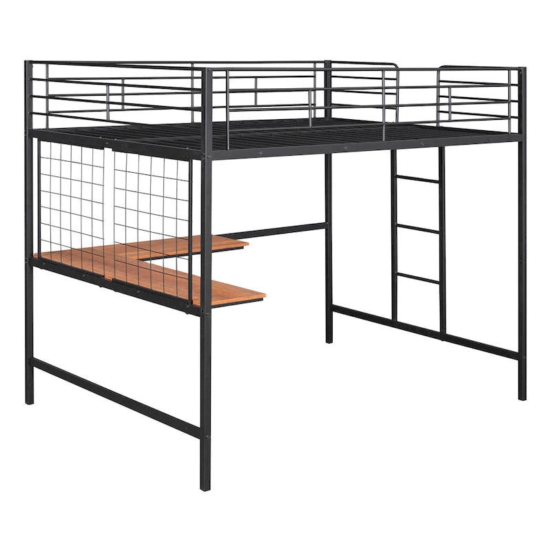 Full Size Metal Frame Loft Bed with Built-in Wooden Desk, Metal Grid, Ladder and Guardrails