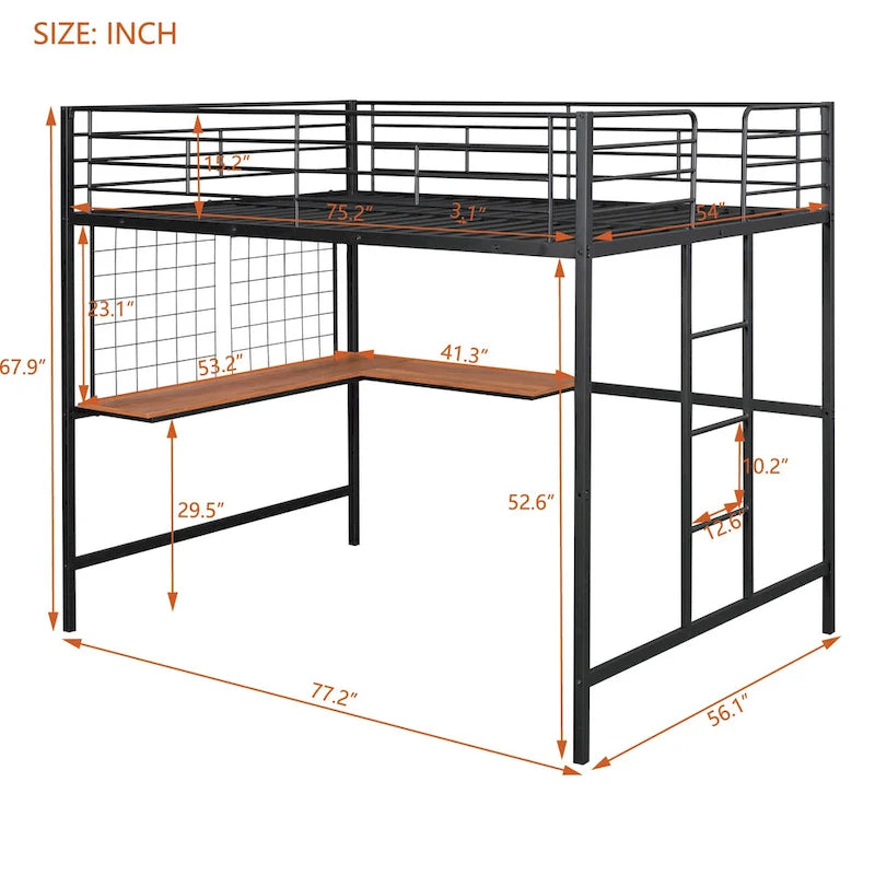 Full Size Metal Frame Loft Bed with Built-in Wooden Desk, Metal Grid, Ladder and Guardrails