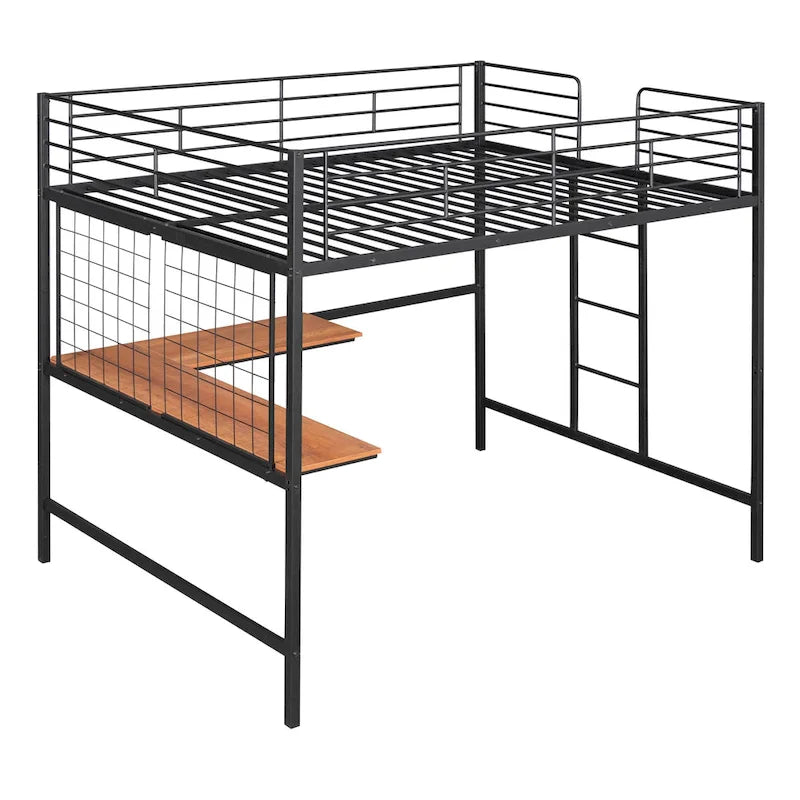 Full Size Metal Frame Loft Bed with Built-in Wooden Desk, Metal Grid, Ladder and Guardrails