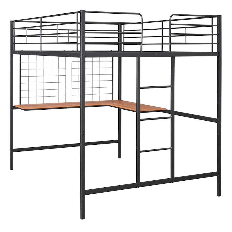 Full Size Metal Frame Loft Bed with Built-in Wooden Desk, Metal Grid, Ladder and Guardrails