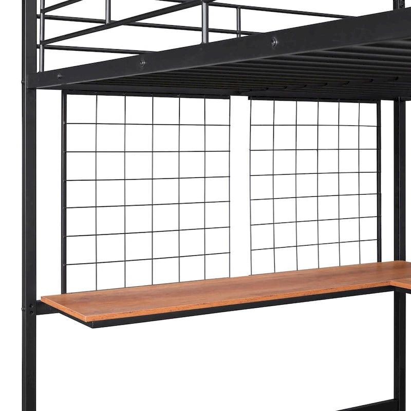 Full Size Metal Frame Loft Bed with Built-in Wooden Desk, Metal Grid, Ladder and Guardrails