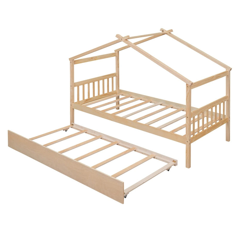 Twin Size Wooden House Bed, Day Bed with Twin Size Trundle