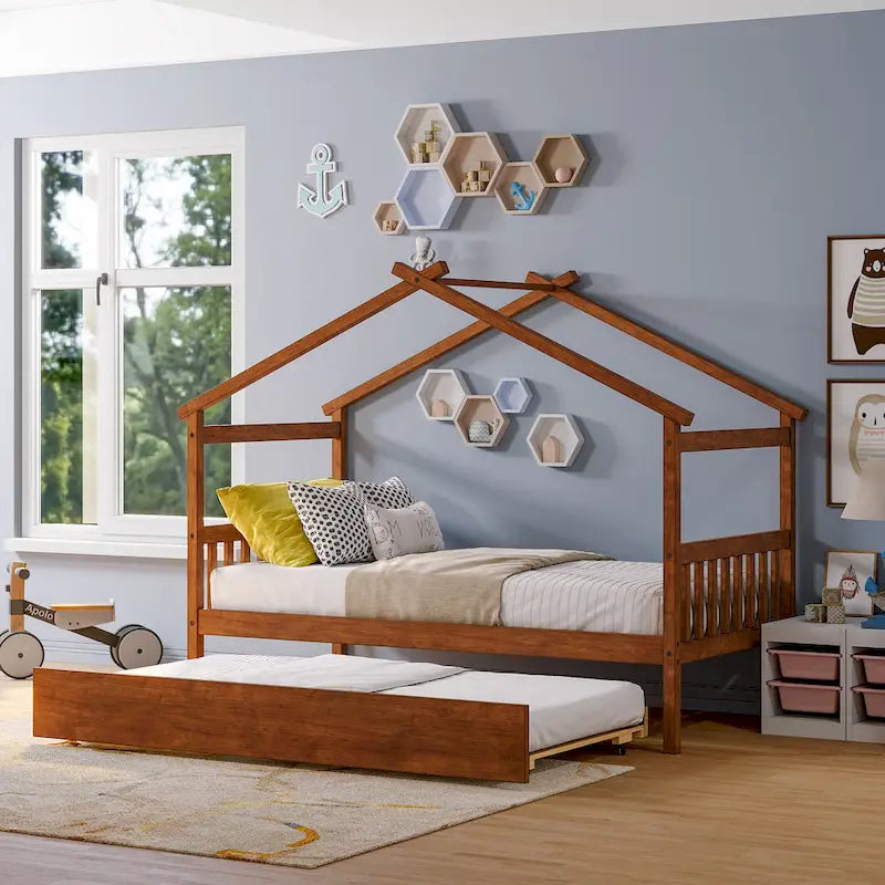 Twin Size Wooden House Bed, Day Bed with Twin Size Trundle