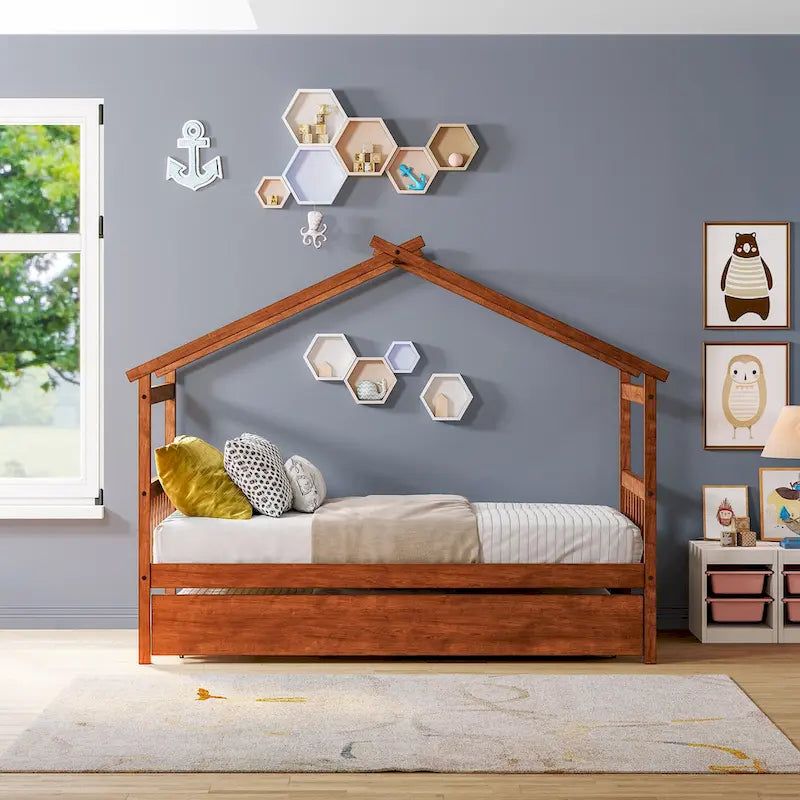 Twin Size Wooden House Bed, Day Bed with Twin Size Trundle