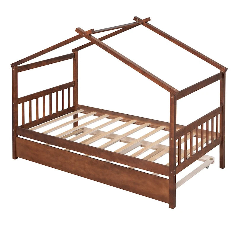 Twin Size Wooden House Bed, Day Bed with Twin Size Trundle