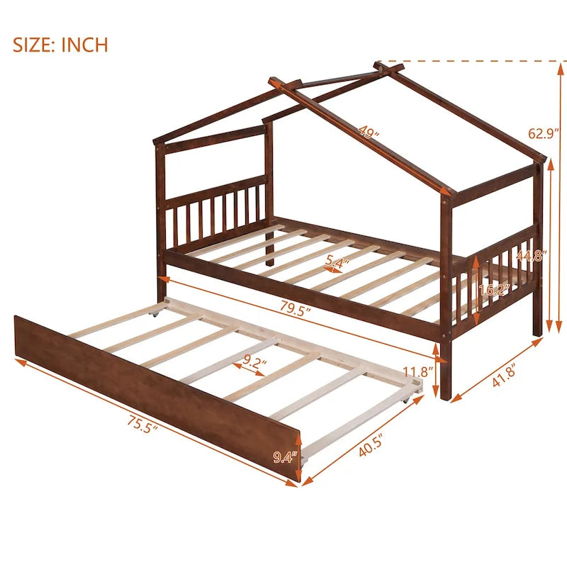 Twin Size Wooden House Bed, Day Bed with Twin Size Trundle