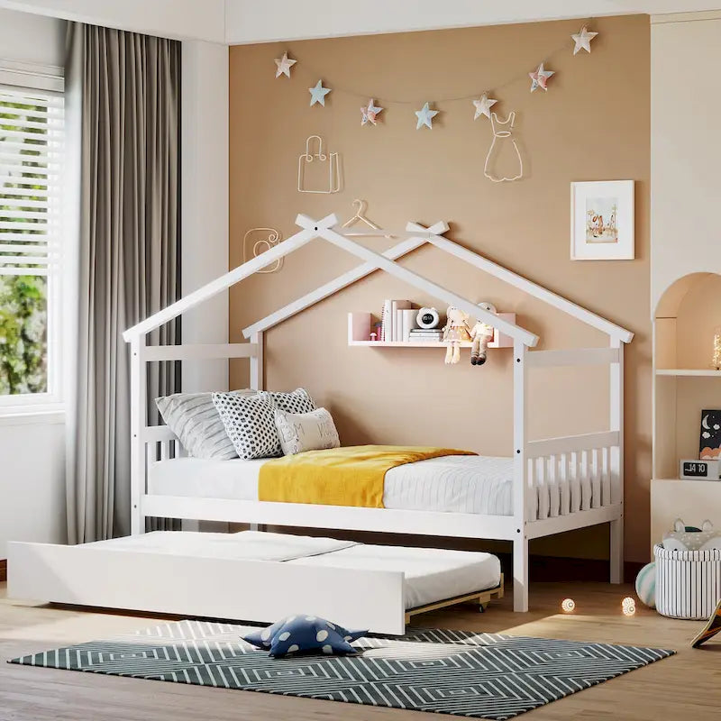 Twin Size Wooden House Bed, Day Bed with Twin Size Trundle