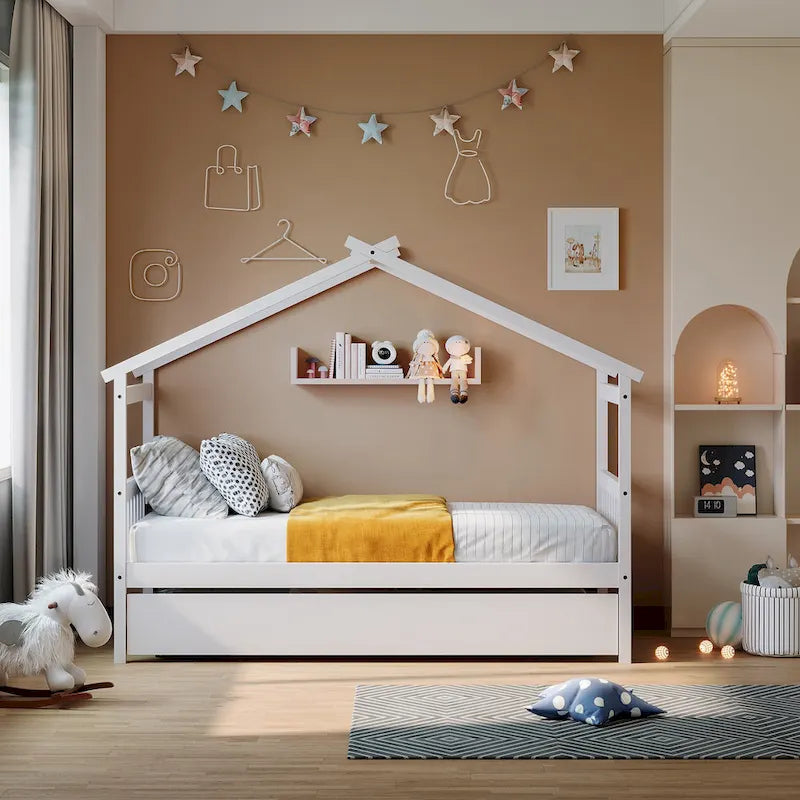 Twin Size Wooden House Bed, Day Bed with Twin Size Trundle