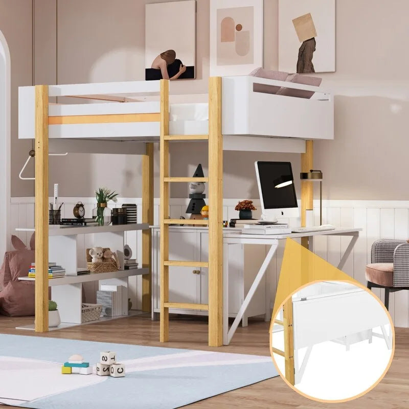 Full Size Wood Loft Bed With Built-in Storage Cabinet and Shelf, Foldable Desk